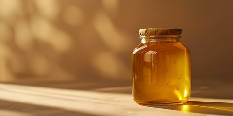 a jar of honey sitting on a table