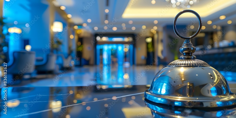Poster bell on a table in a lobby with a chandelier hanging from the ceiling and a blue light in the backgr