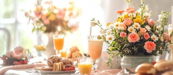 Naklejka premium a table with a vase of flowers and a plate of food with a glass of orange juice