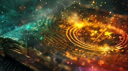 Wizardry spellbook, ancient runes, close up, vibrant colors, double exposure silhouette with magical text