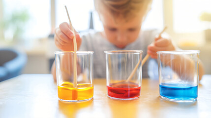 Children conducting chemistry experiments with colored liquids in a Montessori classroom. Close-up photography for child development, education, and hands-on learning concepts