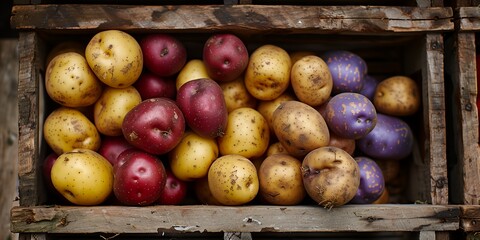 crate filled with lots of different types of potatoes