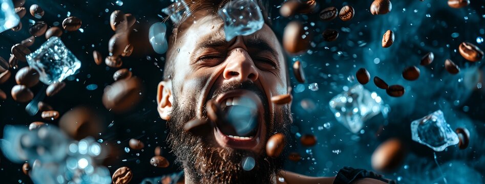 man with a beard is surrounded by ice cubes and coffee beans in the air