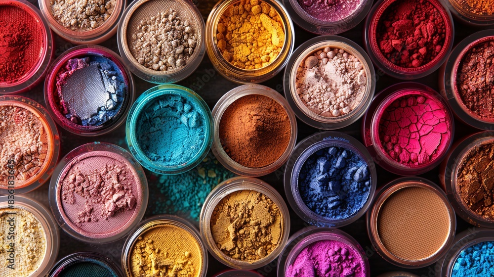Poster close-up view of assorted colorful makeup pigments and powders in small jars. generative ai