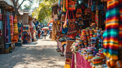 A bustling, colorful street market stall filled with vibrant, handmade cosmetics generated by AI