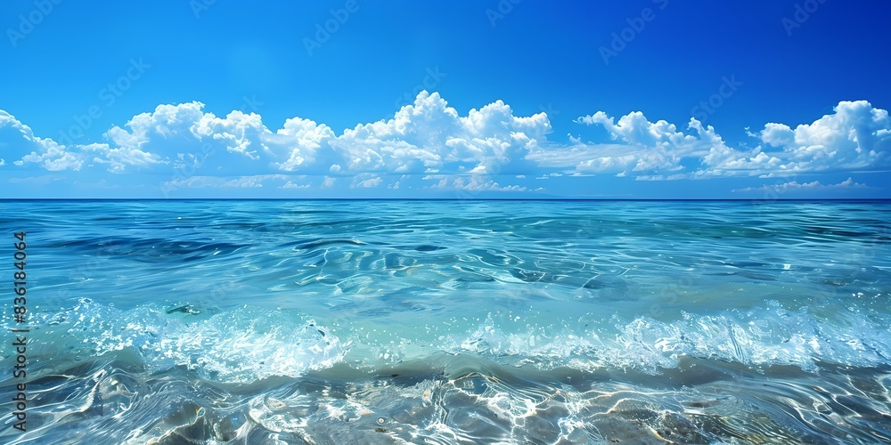 Poster view of the ocean from the shore line of a beach with waves crashing on the sand and a blue sky with
