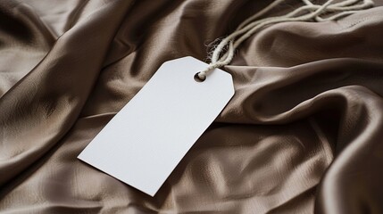 Blank White Clothing Tag Mockup Template on Premium Cotton Silk Fabric Background