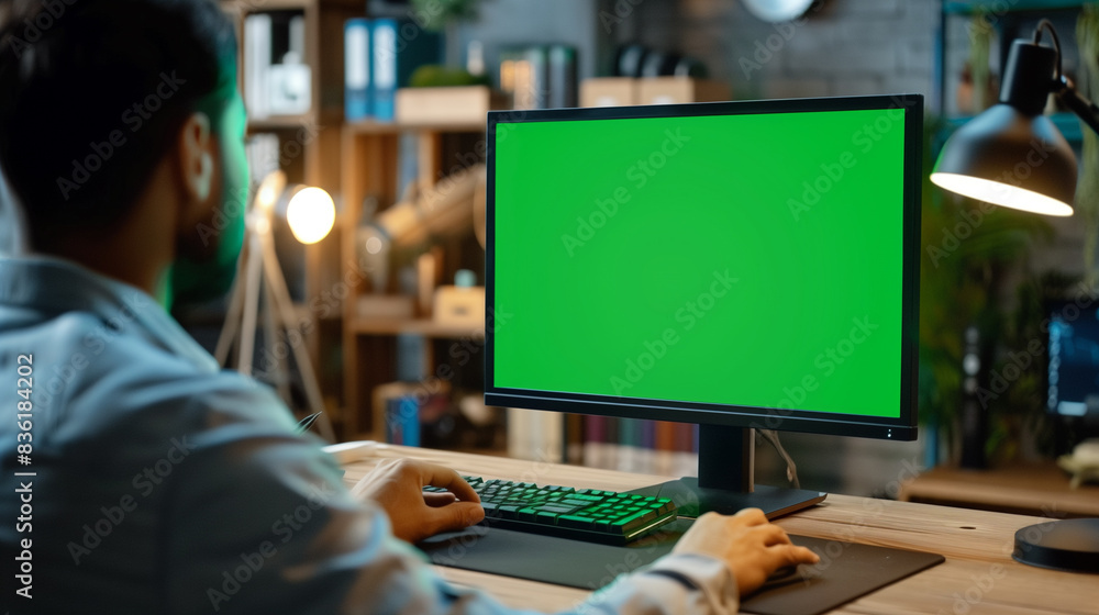 Wall mural indian office employee is working at a desktop computer with a mockup green screen. advertising work