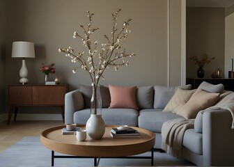 Modern living room interior features a comfortable sofa, sleek lamp, and stylish decor for a luxurious feel