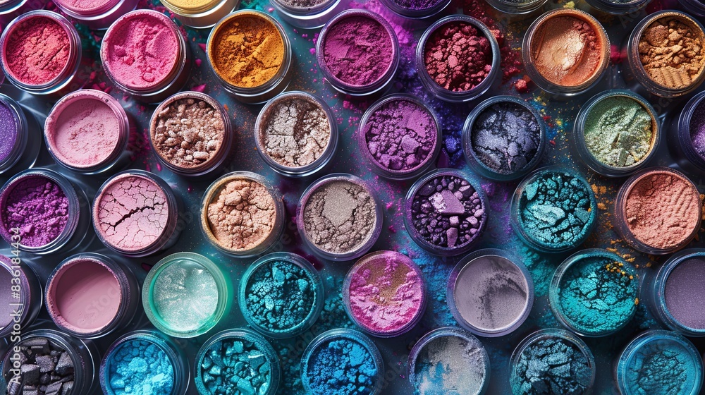 Poster a close-up shot of colorful makeup pigments and powders in small jars. generative ai
