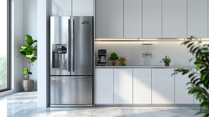 Sustainable home design using Energy Star appliances, selective focus on ecoconscious choices, enhanced efficiency, dynamic, blend mode, minimalist kitchen backdrop