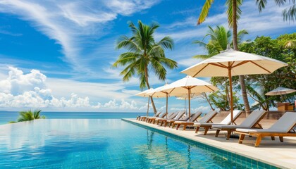 Luxury beach resort hotel swimming pool, seaside vacation landscape with palm trees and beach chairs