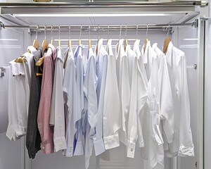 Clean clothes on hangers in an indoor rack on white background, laundry and dry cleaning services