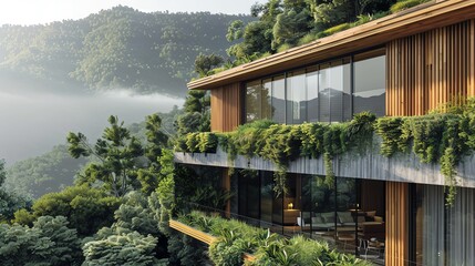 Modern eco-friendly house with green roof and large windows overlooking a lush forest.