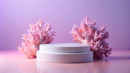 Product display podium, purple colours, minimalist, with coral on the sides. 