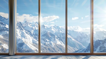 Panoramic view of snow-capped mountains from a large window.
