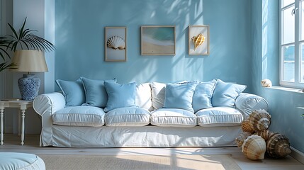 A coastal living room with white and light blue walls, decorated with seashell accents and a light blue loveseat.