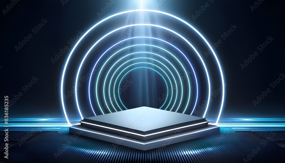 Poster lighting podium to look like they are part of interlocking circles or loops, 3d rendering for mockup