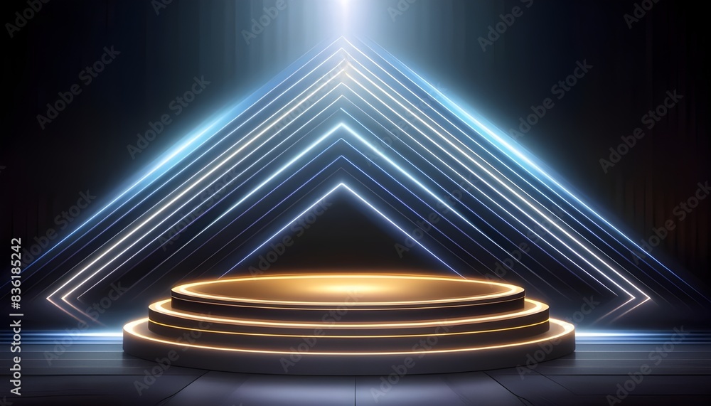 Poster lighting podium to look like they are part of interlocking circles or loops, 3d rendering for mockup