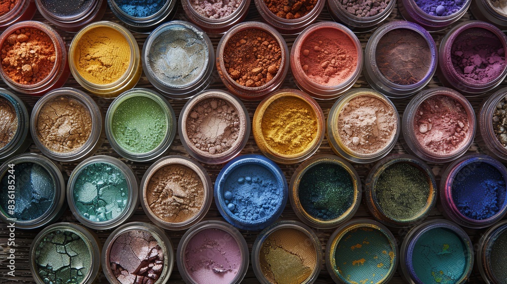 Poster A close-up image showcasing colorful makeup pigments and powders neatly arranged in small jars. Generative AI