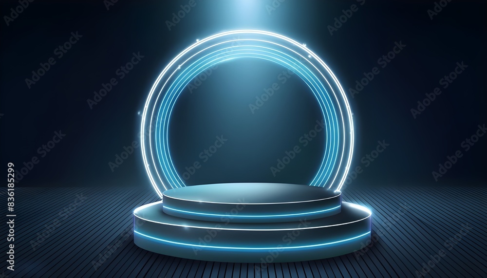 Poster lighting podium to look like they are part of interlocking circles or loops, 3d rendering for mockup