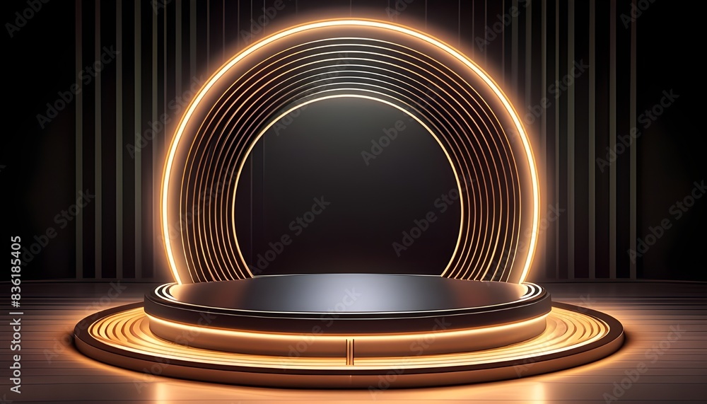 Poster lighting podium to look like they are part of interlocking circles or loops, 3d rendering for mockup