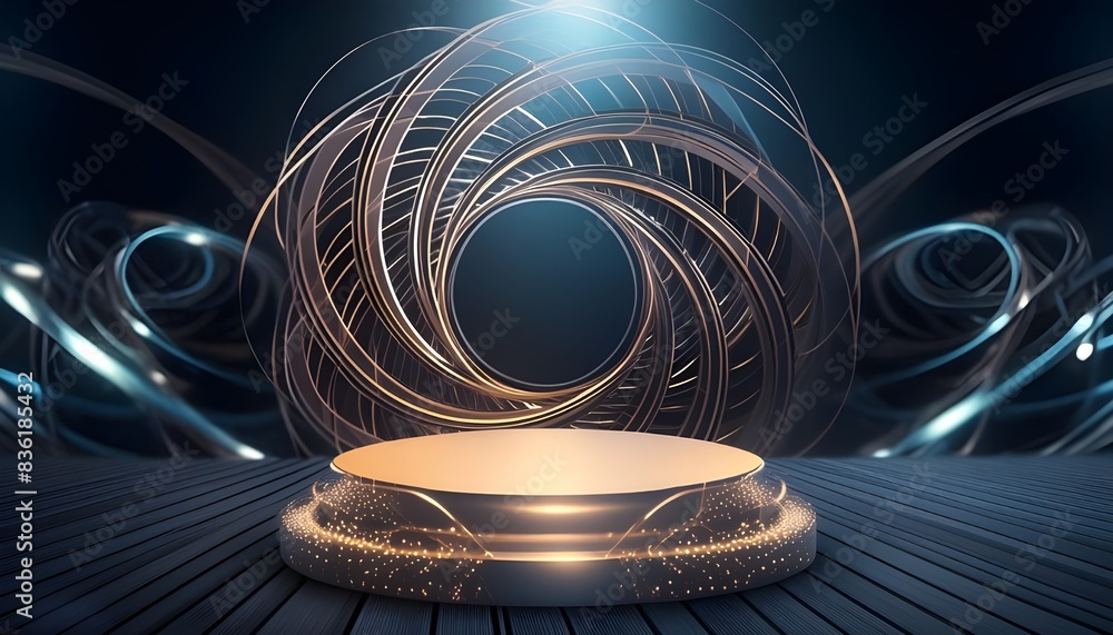 Poster lighting podium to look like they are part of interlocking circles or loops, 3d rendering for mockup