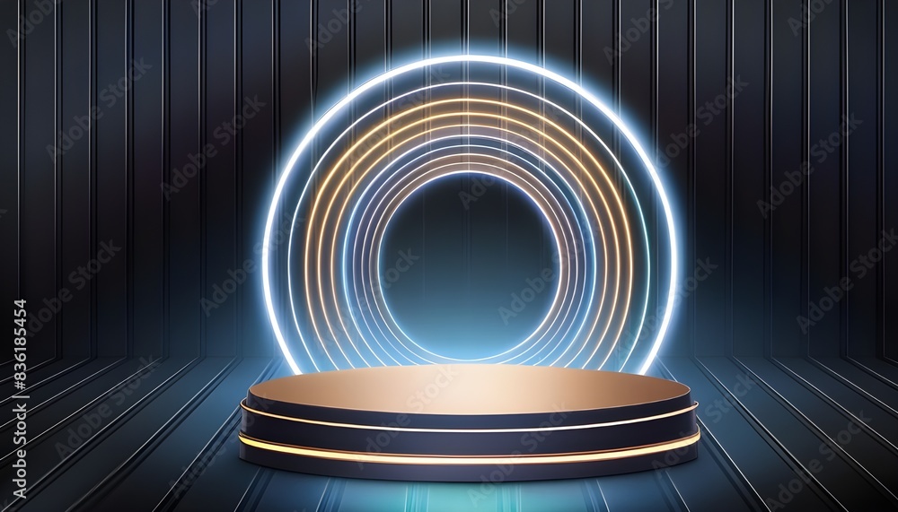 Poster lighting podium to look like they are part of interlocking circles or loops, 3d rendering for mockup