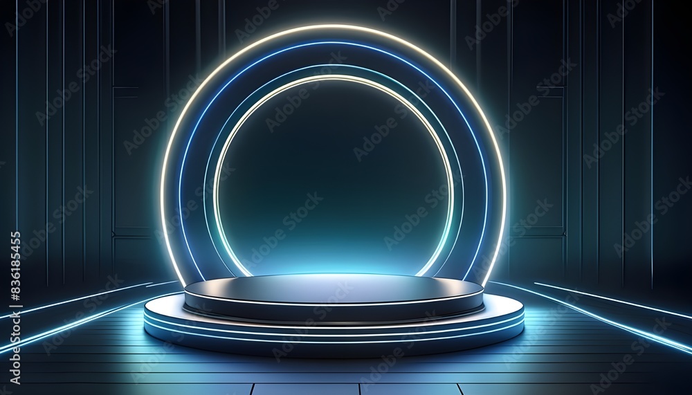 Poster lighting podium to look like they are part of interlocking circles or loops, 3d rendering for mockup