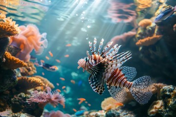 Immerse yourself in the underwater world with a beautiful lionfish at a vibrant coral reef