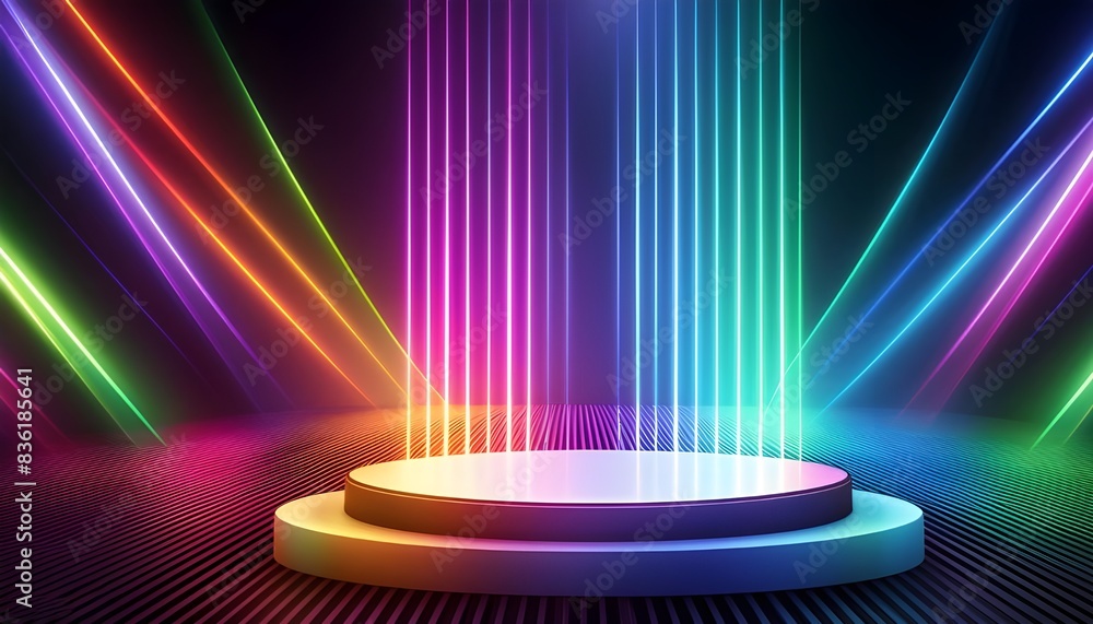 Poster lighting podium to look like they are part of interlocking circles or loops, 3d rendering for mockup