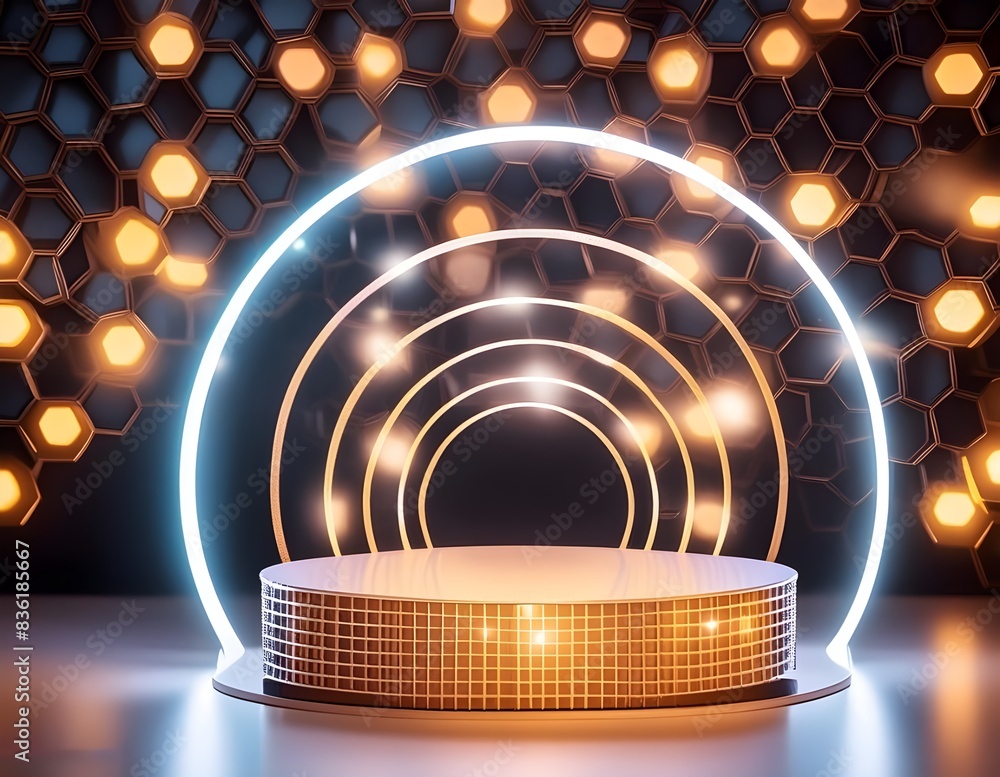 Poster lighting podium to look like they are part of interlocking circles or loops, 3d rendering for mockup