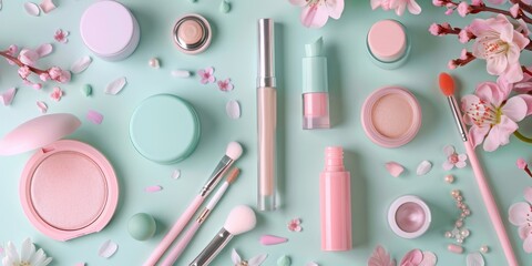 A playful, pastel-themed flat lay of makeup products and accessories generated by AI