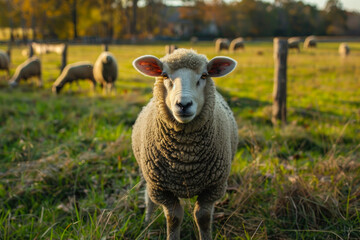 animals on the farm. White sheep on a farm with a flock of sheep in the background
