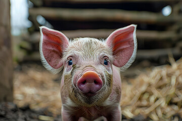 animals on the farm. Funny little pig in a barn on a farm