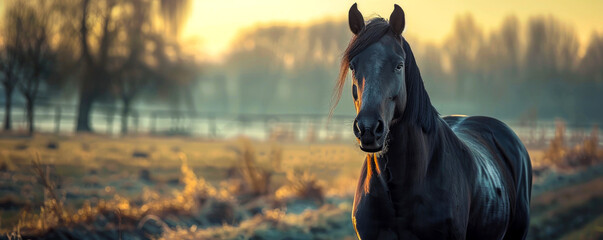 animals on the farm. beautiful horse on a farm walks on a green meadow