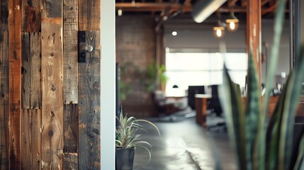 Modern office interior with wooden door and brick wall.