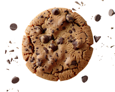 Delicious chocolate chip cookie with chunks of chocolate on top, isolated on a white background.