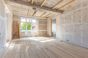 Sunny day renovation concept - room in modern apartment being renovated for relocation