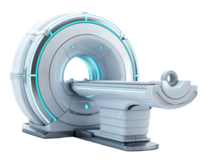 High-tech medical MRI scanner with modern design and advanced imaging technology, isolated on a white background.