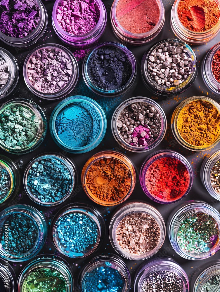 Poster An array of colorful makeup pigment and powder jars in a grid-like arrangement, offering a close-up view of various textures and colors. Generative AI