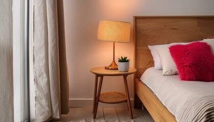 Bright bedroom with a wooden bedside table and a stylish floor lamp,bedroom, bed, room, hotel, interior, furniture, home, lamp, luxury, pillow