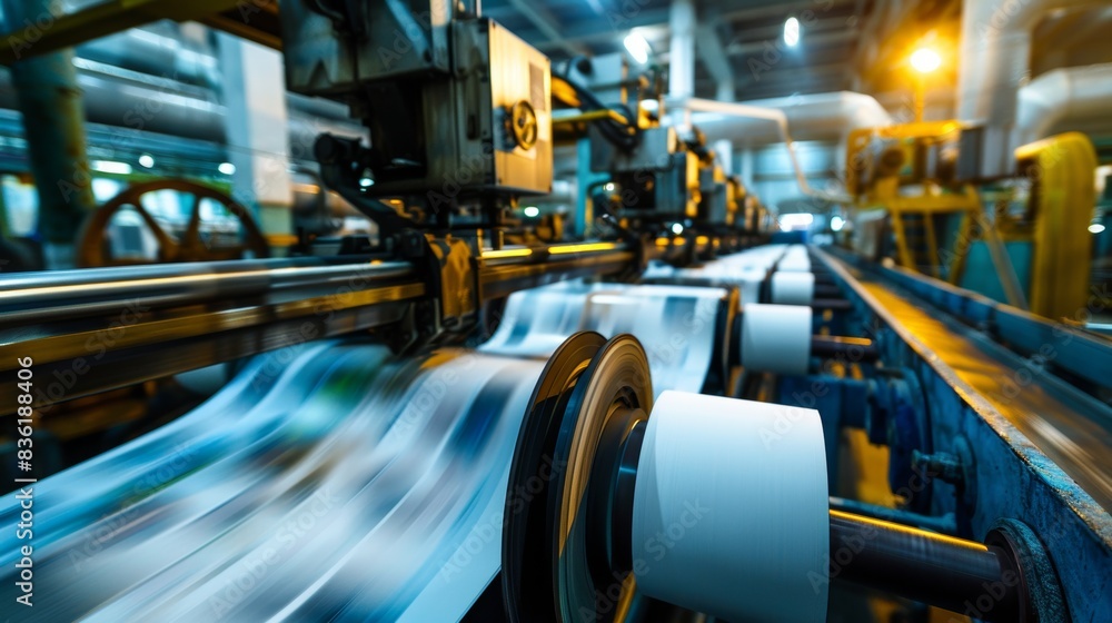 Poster industrial printing press machine in operation with high-speed rollers and machinery, showcasing the