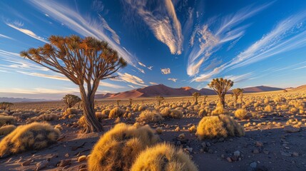 quiver trees desert, blue sky, white clouds, 16:9