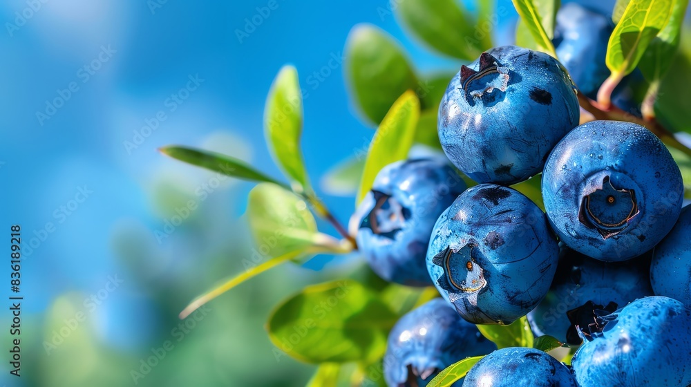 Wall mural close-up of ripe blueberries on a bush, with green leaves and a blue sky background. - Wall murals