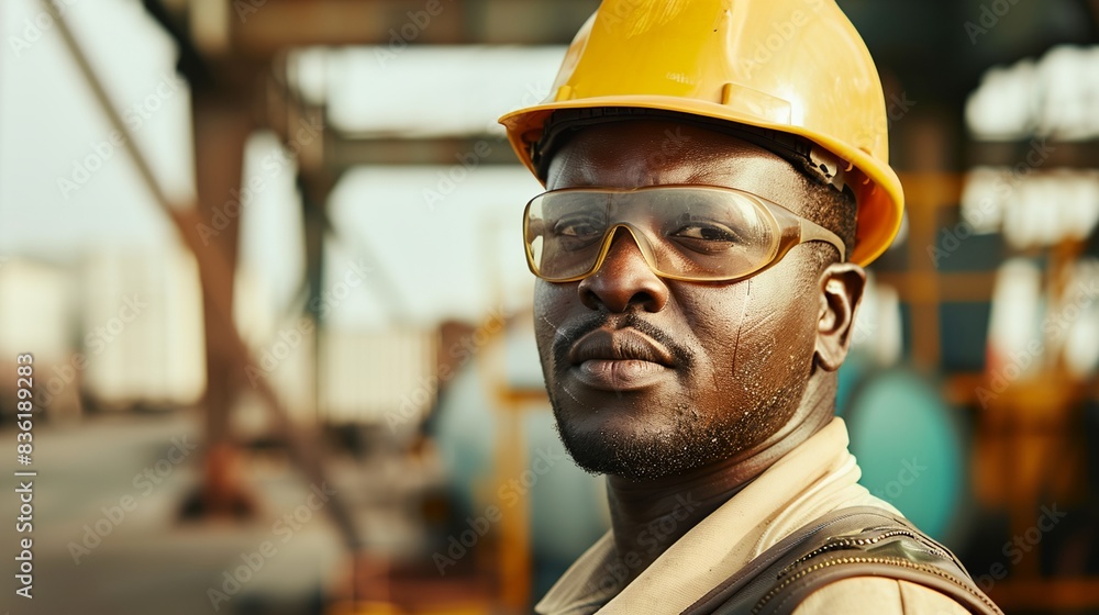 Wall mural a man wearing a hard hat and glasses in a factory area with other machinery in the background