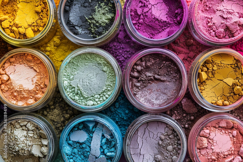 Poster a close-up shot of various colorful makeup pigments and powders arranged in small glass jars. genera