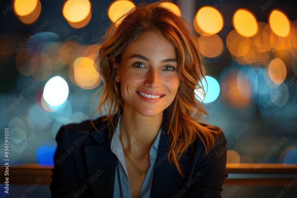 Poster A woman in a suit conducts a meeting and connects, smiling, at night