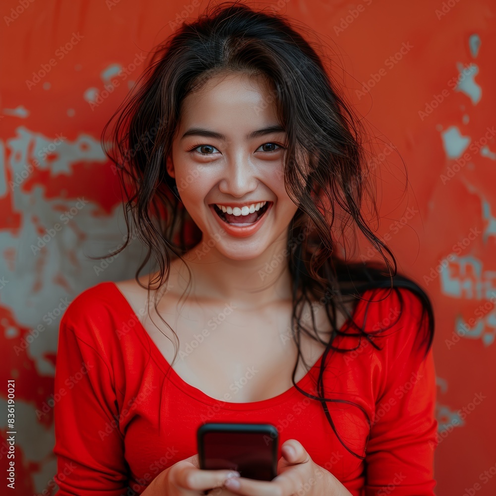 Canvas Prints  Asian woman in her 20s, pretty Korean girly Southeast Asian woman, big eyes sweet face, excited happy expression,  holds the phone, front view, wear red shirt, Normal hand 