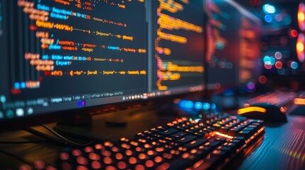 Computer monitor with program code on the table in a dark room.